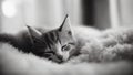 portrait of a cat black and white photo Cute little red kitten sleeps on fur white blanket Royalty Free Stock Photo