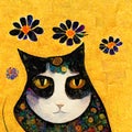 Portrait of a cat with blue daisies flowers around. Painted in art nouveau design