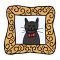 Portrait of a cat with a bow in doodle style. Picture frame. Color vector illustration drawn by hand. Royalty Free Stock Photo