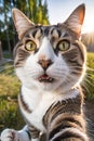 Portrait of a cat .Cute cat taking selfie. Outdoor.Animal theme.