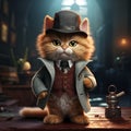 Portrait of a cat detective, blender 3D, cute