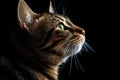 Portrait Of Cat European Shorthair In Profile On Black Matte Background. Generative AI