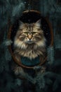 Portrait of a cat in a frame in fur forest. Christmas art of home feline pet, funny character