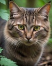 Portrait of a cat with green eyes in the garden. Selective focus.