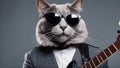 portrait of a cat with a guitar Cat Scottish Straight in sunglasses with electric guitar on gray background Royalty Free Stock Photo