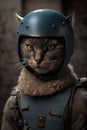 Portrait of a cat in a helmet of a medieval knight.