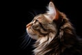 Portrait Of Cat Kurilian Bobtail In Profile On Black Matte Background. Generative AI