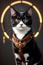 Portrait of a cat with a leather neck harness