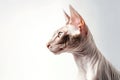 Portrait Of Cat Peterbald In Profile On White Background. Empty Space. Generative AI