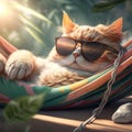 portrait of a cat in sunglasses resting in a hammock