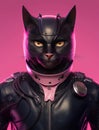 Portrait of Cat wearing black jacket on pink background. Created Generative Ai