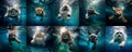 portrait of cats of various breeds swimming underwater