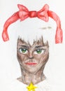 Portrait of catwoman with a red bow in white hair