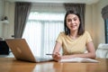 Portrait of Caucasian Beautiful school girl student distance virtual online learning, look at camera at home. Business woman wear Royalty Free Stock Photo