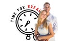Portrait of caucasian couple against clock icon with time for breakfast text on white background