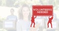 Portrait of caucasian female volunteer and illustration of red people with volunteers needed sign