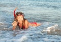 Portrait of caucasian girl at the beach with snorkeling mask. Royalty Free Stock Photo