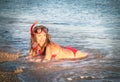 Portrait of caucasian girl at the beach with snorkeling mask and Royalty Free Stock Photo