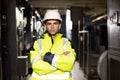 Portrait of caucasian heavy industry electricity worker smiling confident for camera while coworking on construction