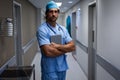 Male surgeon standing at hospital corridor Royalty Free Stock Photo