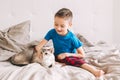 Portrait of Caucasian preschooler boy sitting on bed in bedroom at home and petting stroking oriental point-colored cat. Child Royalty Free Stock Photo