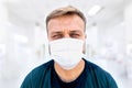 Portrait of caucasian white male doctor, millennial, in medical surgeon face mask and sweaty short Royalty Free Stock Photo