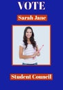 Portrait of caucasian woman with book and vote sarah jane and student council text, copy space Royalty Free Stock Photo