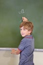 Portrait, chalk and boy drawing on a board for child development, confidence and art for learning. Academic, creative Royalty Free Stock Photo