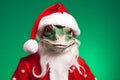 Portrait of a Chameleon Dressed in a Red Santa Claus Costume in Studio with Colorful Background