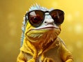 Portrait of a chameleon in sunglasses on a yellow background, Chameleon in cool fashion, generative ai