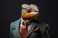 Portrait of a chameleon wearing a suit and a tie. Anthropomorphic animals concept