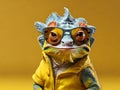 Portrait of a chameleon wearing sunglasses and a yellow jacket on a yellow background, funny, generative ai