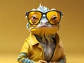 Portrait of a chameleon wearing sunglasses and a yellow jacket, Chameleon in a fashion style, generative ai