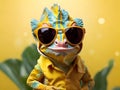 Portrait of a chameleon in a yellow shirt and sunglasses, cute and funny chameleon face background, generative ai