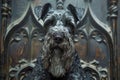 Portrait of a Charismatic Schnauzer Dog with Expressive Eyes in Front of a Vintage Gothic Wood Carved Door Royalty Free Stock Photo