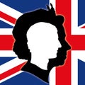 Charles of England silhouette and Queen Elizabeth with United Kingdom flag, vector illustration