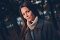 Portrait of charming adorable positive girl spend pastime stroll park chilling outside Royalty Free Stock Photo