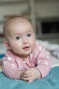 Portrait of a charming baby lying on its stomach and laughing. Family morning at home. Tummy time