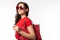 Portrait charming beautiful young shopping woman. Attractive beautiful girl wear sunglasses, carry handbag happiness, smiley face Royalty Free Stock Photo