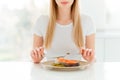 Portrait of charming cute attractive lady have dinner lunch full of protein use fork knife silverware taste hungry want