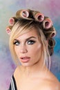 Portrait of charming girl in curlers Royalty Free Stock Photo