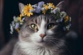 Portrait of a charming gray cat wearing a crown of yellow blu flowers close up.