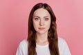 Portrait of charming lovely dream girl look camera on pink background