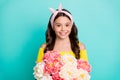 Portrait of charming lovely girl kid hold big bouquet chrysanthemums she get 8-march celebration wear stylish trendy