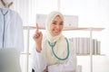 Portrait of charming muslim female doctor smiling at camera