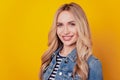 Portrait of charming positive lady shiny white smile on yellow background