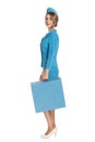 Portrait of charming stewardess wearing in blue uniform. Royalty Free Stock Photo