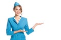 Portrait of charming stewardess wearing in blue uniform. Royalty Free Stock Photo