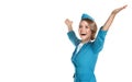 Portrait of charming stewardess wearing in blue uniform. Royalty Free Stock Photo