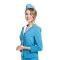 Portrait of charming stewardess wearing in blue uniform.